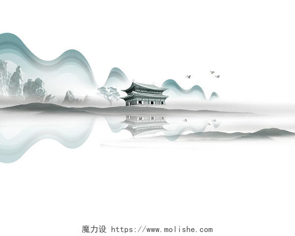 蓝色手绘原创古风中国风水墨山水古建筑元素PNG素材